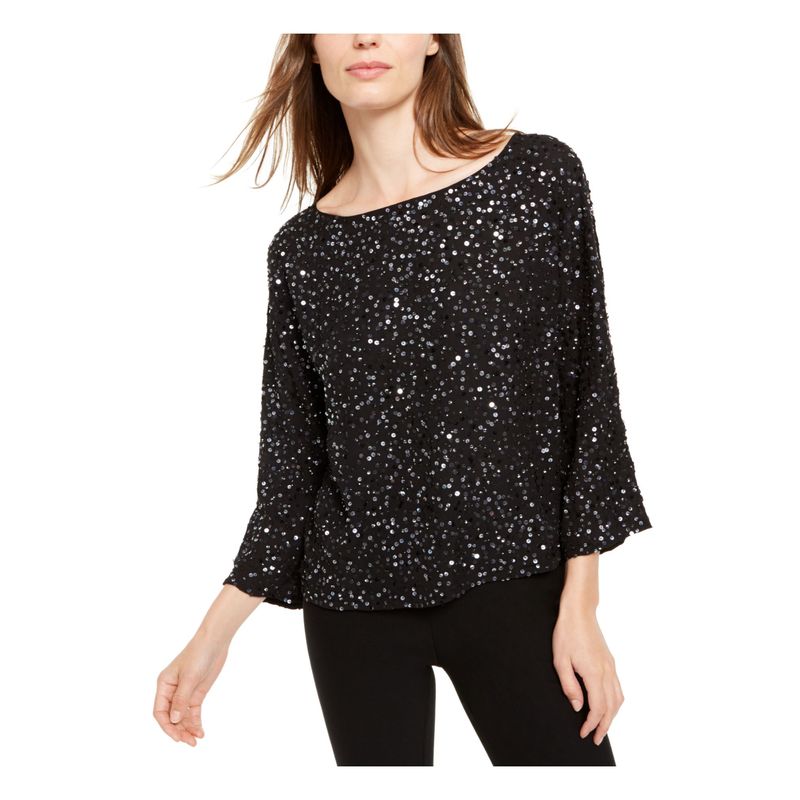 Eileen Fisher Womens Black Silk Sequined Bell Sleeve Boat Neck Party Top S